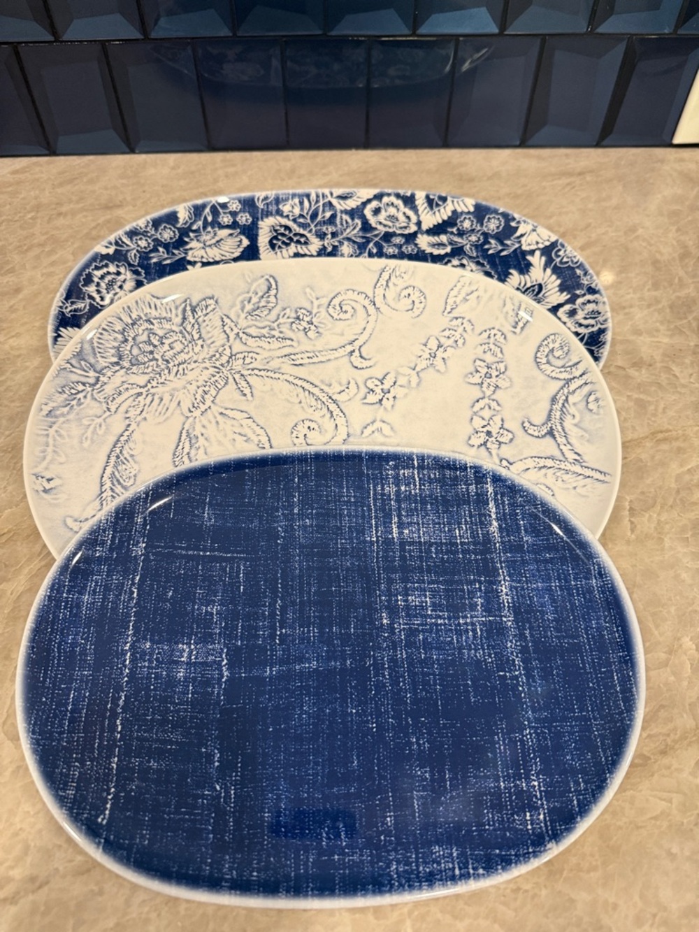 Sur La Table Blue and White 3-Piece Oval Melamine Platter Set